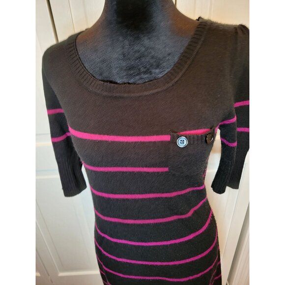Y2K Black/Fuchsia Pink Striped Mini Fitted Sweater Dress Buttons L 2000s Preppy - Picture 3 of 8